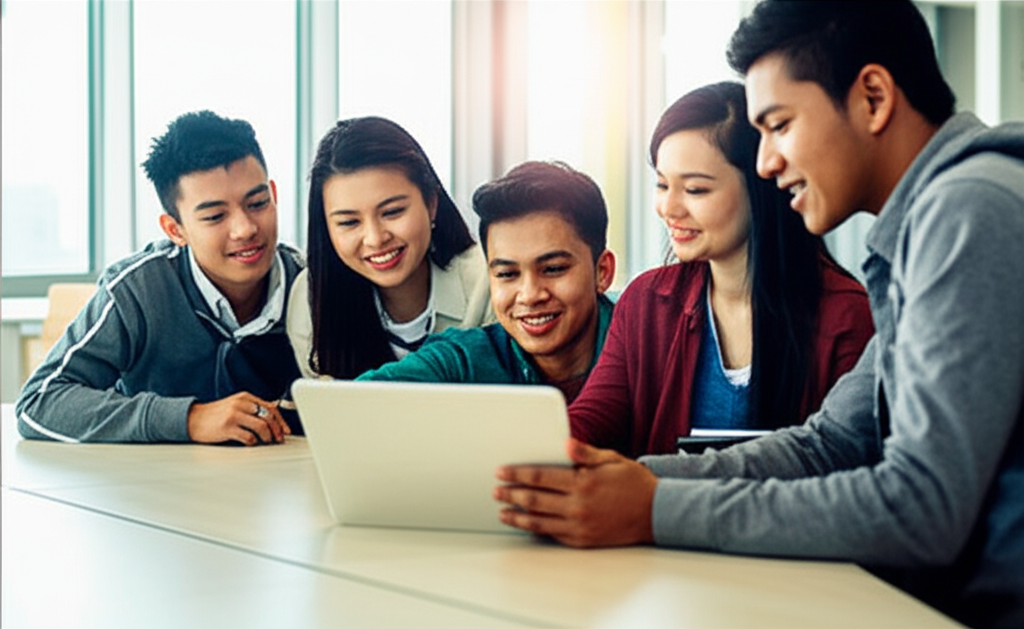 Students collaborating with technology in a modern classroom