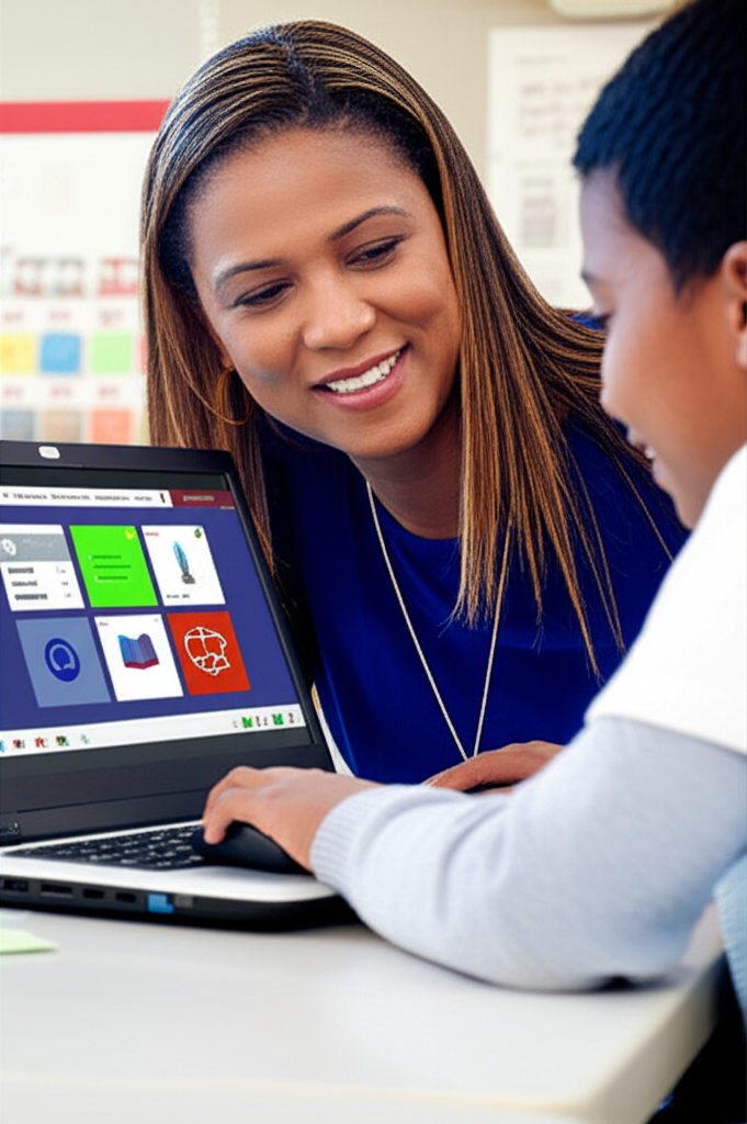 Teacher guiding a student with educational software on a laptop