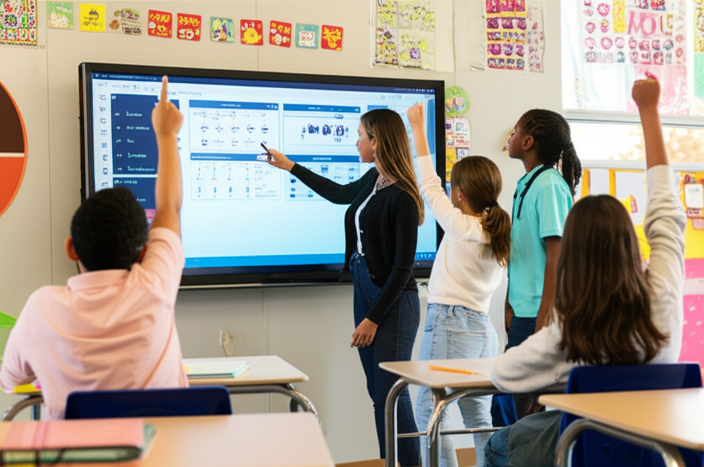 Students engaging with an interactive smartboard lesson